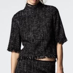 Zara tweed frayed textured half sleeves black and white top. Size X- Small